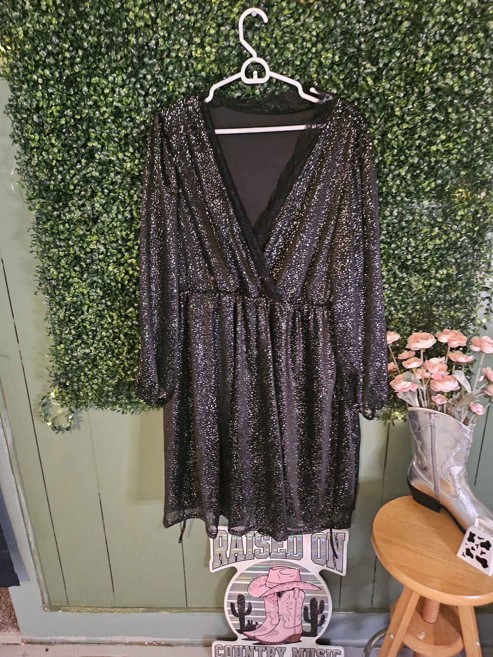 Sparkle Black Long-Sleeve Wrap Dress